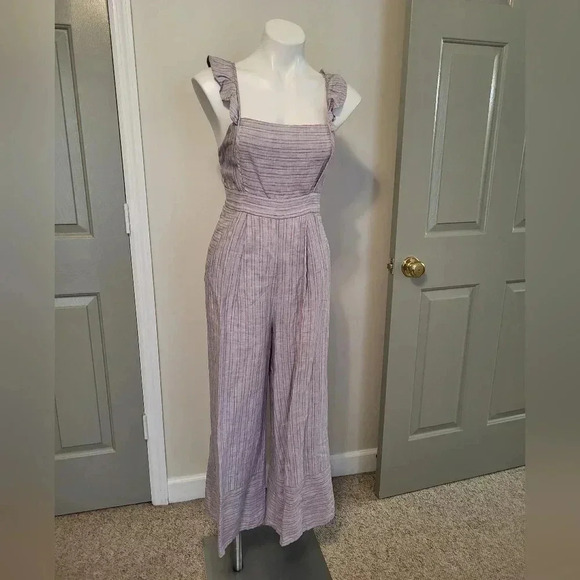 Anthropologie Elevenses Linen Nantucket Ruffle Wide Leg Striped Jumpsuit(0) - Picture 2 of 10